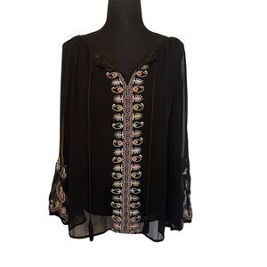 V Cristina Tunic Top Womens L Sheer Embroidered Balloon Sleeve Fairy Paisley